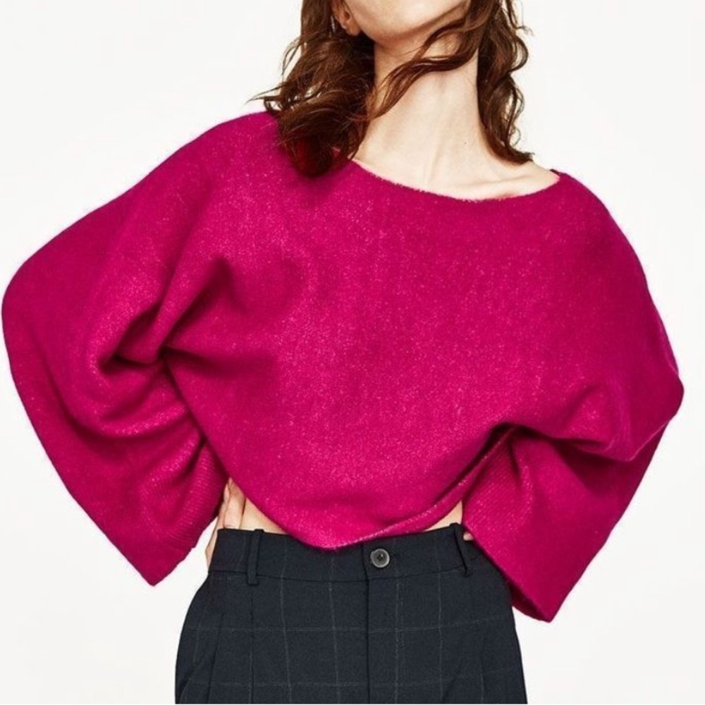 Zara Wide Sleeve Sweater Fuchsia  Size Small Cropped